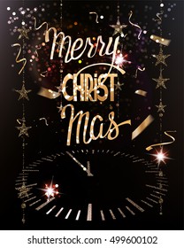 Merry christmas greeting card with clock, garlands and confetti
