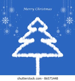 Merry Christmas greeting card with a cloud shaped Christmas tree and snowflakes