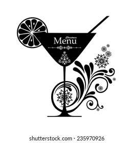 Merry Christmas greeting card with cocktail glass. Drink Menu. Vector illustration 