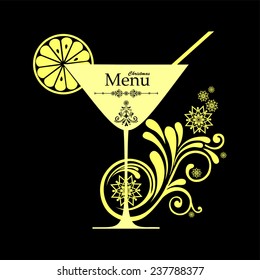 Merry Christmas greeting card with cocktail glass. Drink Menu. Vector illustration 