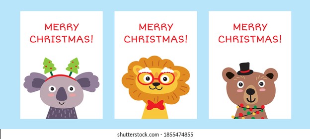 Merry Christmas greeting card collection. Cute hand drawn animals: koala, lion, bear