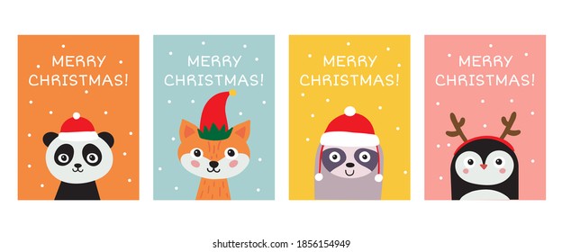 Merry Christmas greeting card collection. Cute hand drawn animals: panda, fox, sloth, penguin