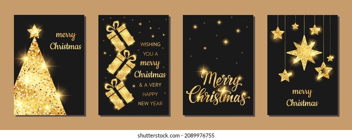 Merry Christmas greeting card collection. Christmas tree and gift box, gold stars. Vector illustration.