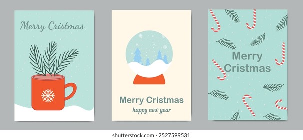 Merry Christmas greeting card collection with winter themes featuring hot cocoa, snow globe, and candy cane designs