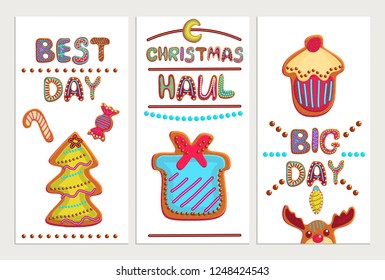 Merry Christmas greeting card color vector template. Gingerbread hand drawn lettering. Cute Christmas cookies illustrations collection. Holiday Xmas, New Year party poster, banner cartoon design