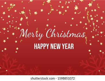 Merry Christmas greeting card color template. Happy New Year inscription with golden confetti and streamers on red background. Winter holiday decorative backdrop, banner, printable card design layout