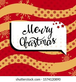 Merry Christmas, greeting card. Colorful banner template with handwritten lettering and striped background. Make a wish. Winter holidays, bright vector illustration.