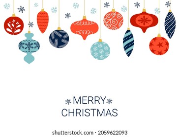 Merry Christmas greeting card. Colorful  Christmas balls with decoration and snowflakes on white background. Vector illustration