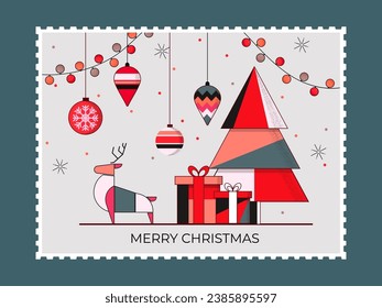 Merry Christmas Greeting Card with Colorful Xmas Tree, Gift Boxes, Reindeer, Hanging Baubles and Lighting Garland on White and Teal Background.