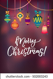 Merry Christmas Greeting Card with Colorful Retro Glass Toys. Vector Illustration Polka Dot Background. Modern Calligraphy.