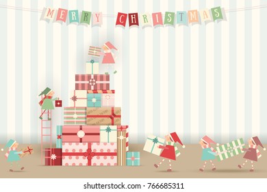 Merry Christmas Greeting Card - Colorful Gift Boxes in Shape of Xmas Tree. Christmas Gnomes Bringing Gifts. Retro Style. Vector Illustration.