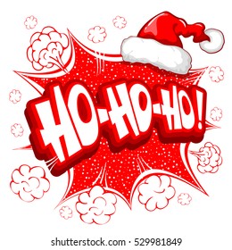 Merry Christmas greeting card in comic pop-art retro style with lettering Ho ho ho and Santa Claus hat. Vector illustration. Isolated on white background.