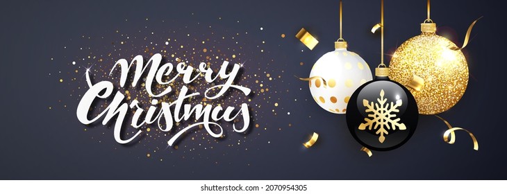 Merry Christmas greeting card concept. Hanging Christmas toys and with light on dark background. Xmas poster template.
