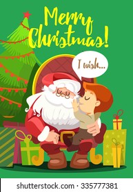 Merry christmas greeting card concept with cartoon santa claus holding little boy in front of christmas decoration. Vector illustration