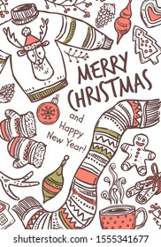Merry Christmas greeting card with congratulation and woolen scarf, pullover and mittens, festive decorations, gingerbread, coffee cup. Vector doodle drawing illustration, poster, banner or template