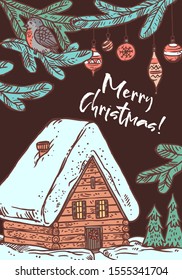Merry Christmas greeting card with congratulation and wooden cottage in the forest with bullfinch on branch with festive decoration. Vector doodle drawing illustration, poster, banner or template