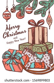 Merry Christmas greeting card with congratulation and many boxes of gifts with toy horse and fir branches with balls. Vector doodle drawing illustration, poster, banner or template for postcard