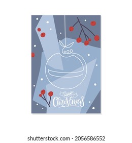 Merry Christmas greeting card with Continuous one line drawing Christmas Ball, red berries and inscription. Hand Drawn letterimg. Vector illustration with hanging Christmas Ball on blue background