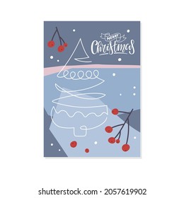 Merry Christmas greeting card with Continuous one line drawing Christmas Tree, red berries and inscription. Hand Drawn letterimg. Vector illustration with decorated Christmas tree on blue background