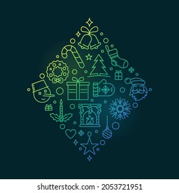 Merry Christmas Greeting Card with creative diamond-shaped thin line design - Xmas concept vector colored illustration on dark background 