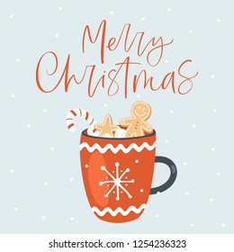 Merry Christmas greeting card with cup of cocoa.
