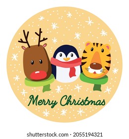 Merry Christmas greeting card with cure cartoon deer, penguin and tiger. Hand drawn vector Christmas postcard with cure animals. Vector holiday card design
