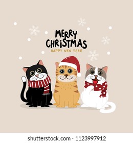 Merry Christmas greeting card with cute cat wear winter outfits. Happy holidays cartoon character vector.