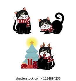 Merry Christmas greeting card with cute black  cat wear winter outfits. Happy holidays cartoon character vector. Kitten illustration set.