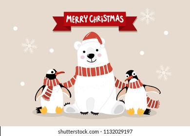 Merry Christmas greeting card with cute polar bear and penguins with long red scarf. Arctic animal in winter costume cartoon character vector. Snow and snowflake fall down background.