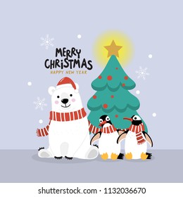 Merry Christmas greeting card with cute polar bear and penguins with long red scarf. Arctic animal in winter costume cartoon character vector. Snow and snowflake fall down background.