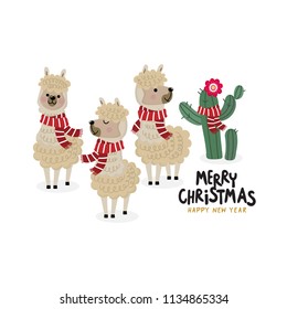 Merry Christmas greeting card with cute alpaca wear red scarf. Animal wildlife cartoon character.