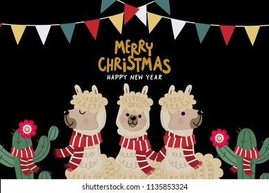 Merry Christmas greeting card with cute alpaca wear red scarf. Animal wildlife cartoon character.