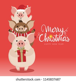 Merry Christmas greeting card with cute piggy and boar. 2019 the year of the pig. Animal in winter costume. Calligraphy hand written.