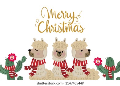Merry Christmas greeting card with cute alpaca wear red scarf. Animal wildlife cartoon character. Calligraphy hand writing.