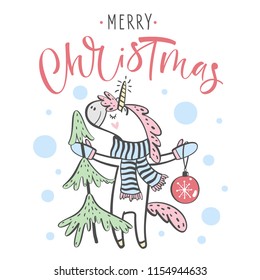 Merry Christmas greeting card with cute Unicorn, vector illustration