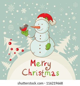 Merry Christmas greeting card with cute Snowman holding a bullfinch bird on forest and snowflakes background