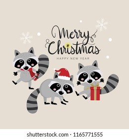 Merry Christmas greeting card with cute raccoon in red costume. Wildlife animal cartoon character in winter background.