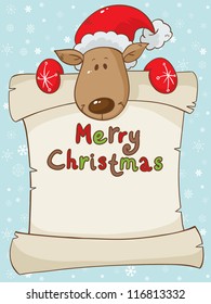 Merry Christmas greeting card with cute santa deer and a scroll