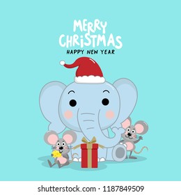 Merry Christmas greeting card with cute elephant in red hat and mouse. Happy new year with animal wildlife cartoon character.