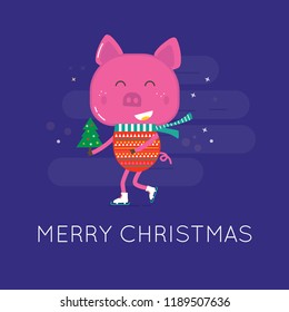 Merry Christmas greeting card with cute animals: pig. Piggy, in a coat  with scarf and tree. Flat style of icons for presents, invitation, children room, nursery decor, interior design.