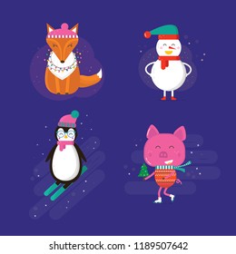 Merry Christmas greeting card with cute animals: pig, reindeer, penguin, fox and snowman. Flat style of icons for presents, invitation, children room, nursery decor, interior design.