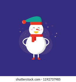 Merry Christmas greeting card, cute snowman  with hat and scarf. Flat style of icons for presents, invitation, children room, nursery decor, interior design.
