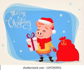 Merry Christmas greeting card with cute pig wearing Santa Claus hat and scarf. Cheerful funny cartoon character holding gift box. Vector illustration on winter background