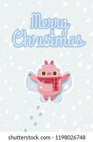 Merry Christmas greeting card with cute cartoon character pig making snow angel. Vector Illustration.