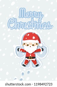 Merry Christmas greeting card with cute cartoon character little Santa Claus making snow angel. Vector Illustration.