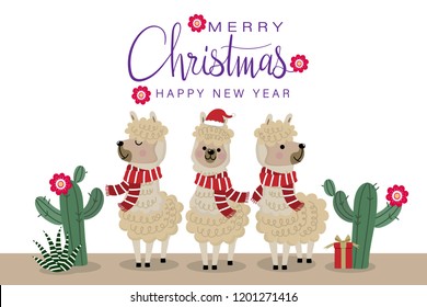 Merry Christmas greeting card with cute alpaca wear red scarf. Animal wildlife cartoon character.