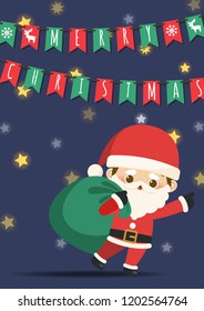 Merry Christmas greeting card with cute cartoon character little Santa Claus pulling a bag of gifts. Vector Illustration.