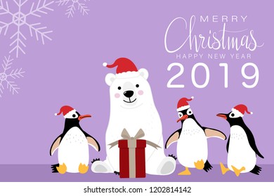 Merry Christmas greeting card with cute polar bear and penguins with red present. Arctic animal in winter costume cartoon character. Calligraphy hand written vector.