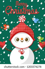 Merry Christmas greeting card with cute cartoon character Santa Claus costume snowman in winter snow. Vector Illustration.