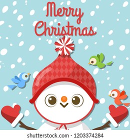 Merry Christmas greeting card with cute cartoon character Santa Claus costume snowman and three birds in winter snow. Vector Illustration.